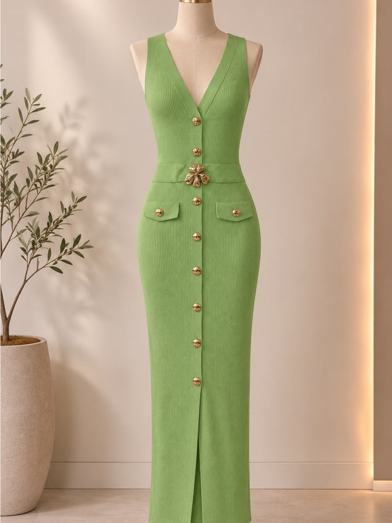 Dresses & Skirts - Women’s green sleeveless button-front midi dress